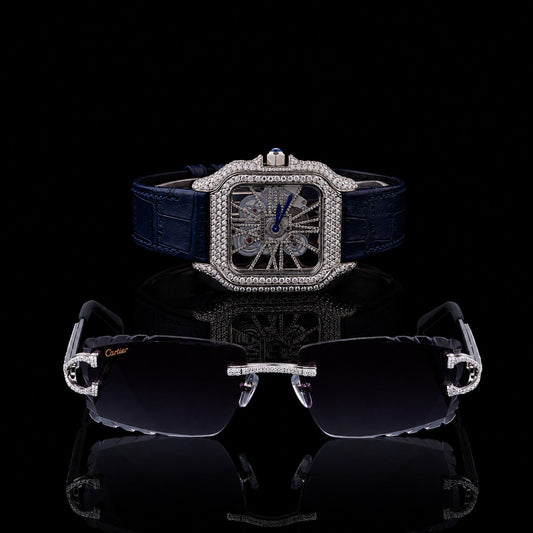 Royal Skeleton Moissanite Diamond Collection Luxury Open Work Timepiece And Signature Diamond Eyewear Set