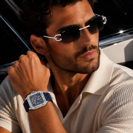 Royal Skeleton Moissanite Diamond Collection Luxury Open Work Timepiece And Signature Diamond Eyewear Set