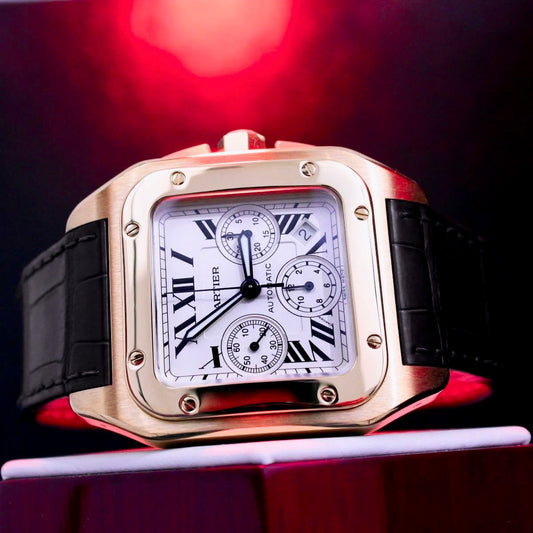 Square Chronograph Rose Tone Leather Strap Dress Watch