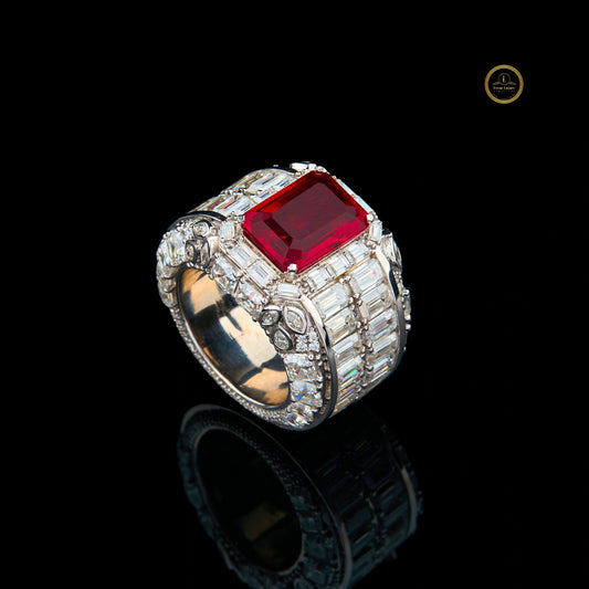 Ruby Radiant Moissanite Diamond with Emerald Cocktail Party Wear Ring