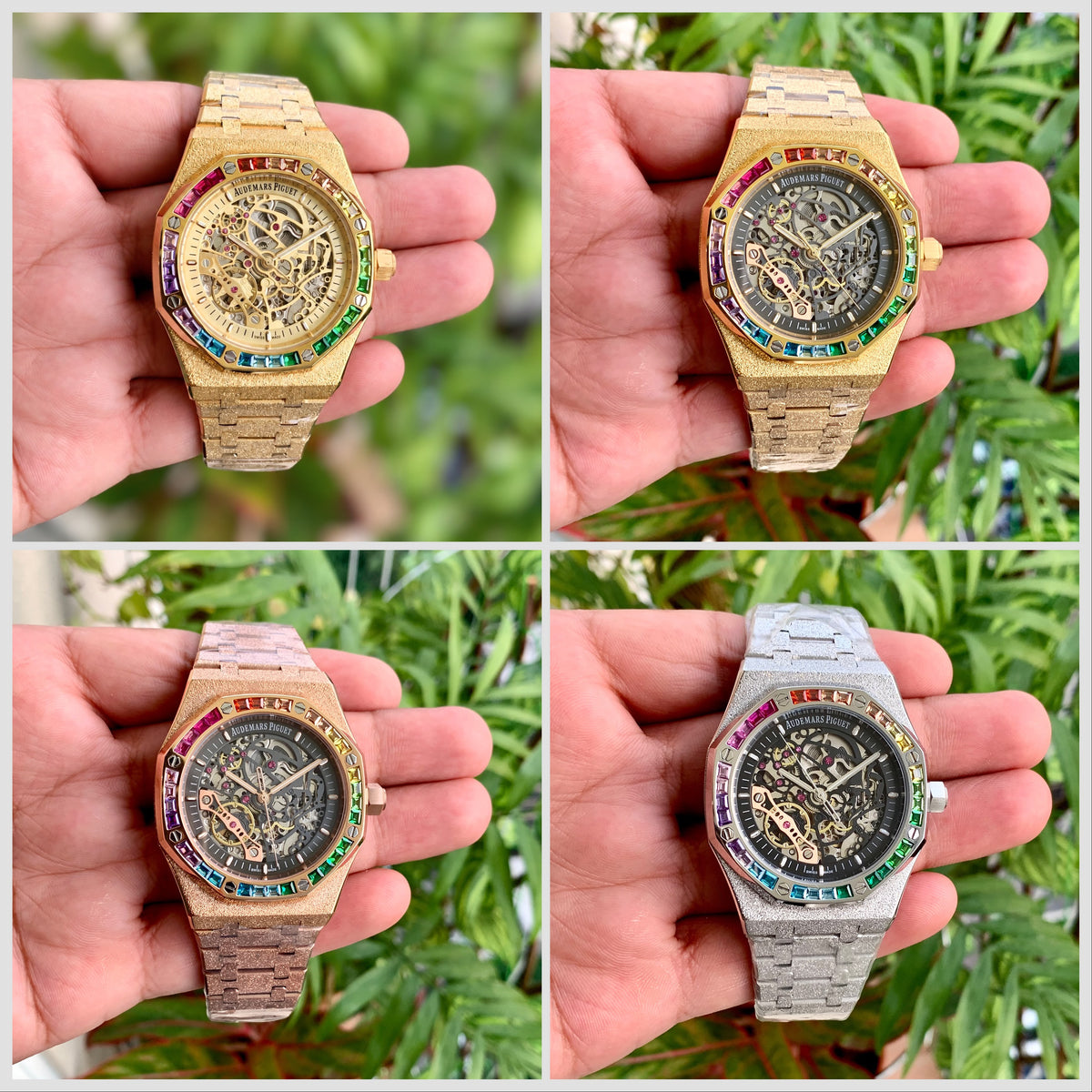 Luxury Rainbow Bezel Skeleton Watches in Gold & Silver Sets