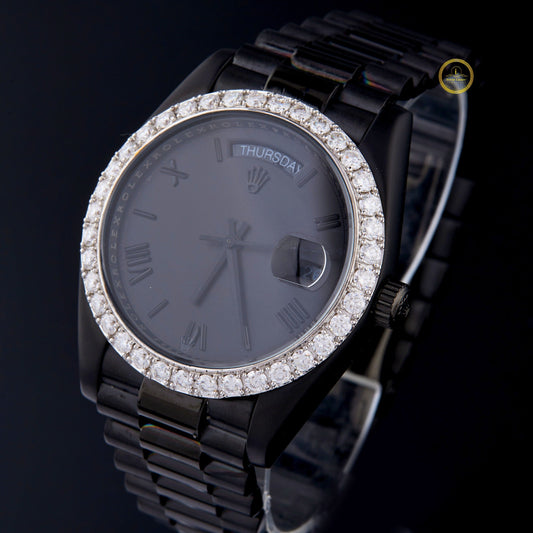 Round Cut Moissanite Diamond Bezel Automatic Watch with President Link Bracelet