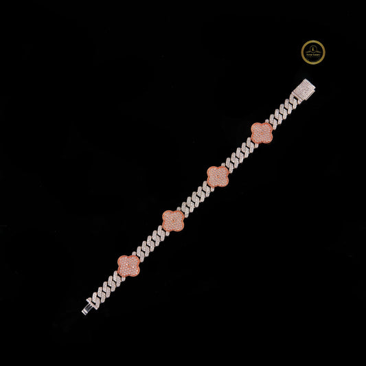 Two Tone Clover Cuban Link Lab Grown Diamond Bracelet