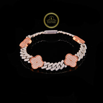 Two Tone Clover Cuban Link Lab Grown Diamond Bracelet