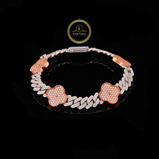 Two Tone Clover Cuban Link Lab Grown Diamond Bracelet