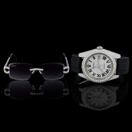 Royale Collection Full Pavé Luxury Timepiece And Signature Moissanite Diamond Eyewear Set