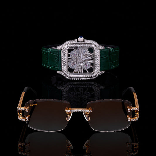 Collection Moissanite Diamond Luxury Open Work Timepiece And Signature Designer Eyewear Set