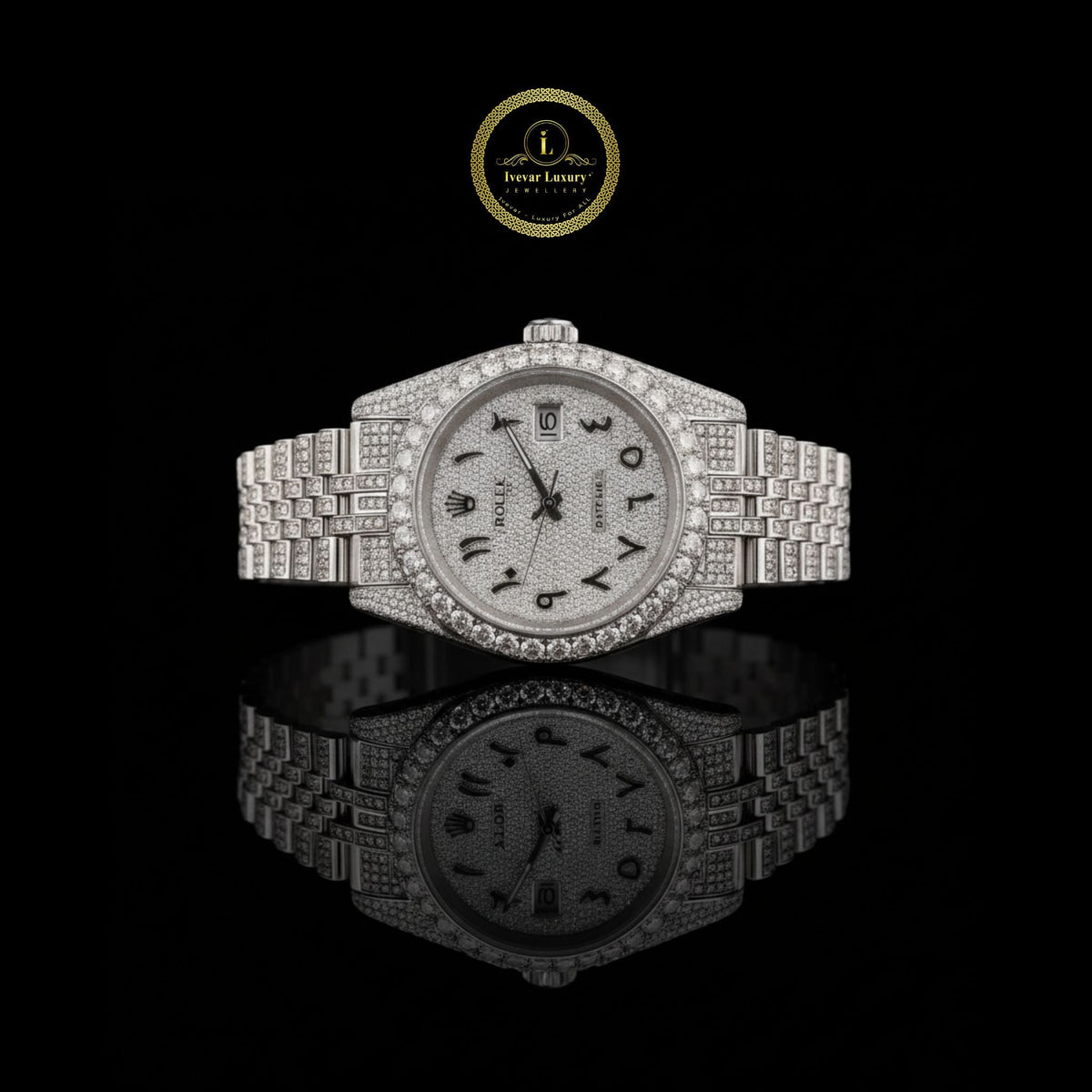 Fully Iced-Out Silver Watch with Elegant Diamond Arabic Dial With 5-Link Band