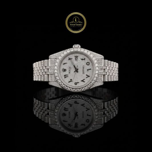 Fully Iced-Out Silver Watch with Elegant Diamond Arabic Dial With Jubilee Band