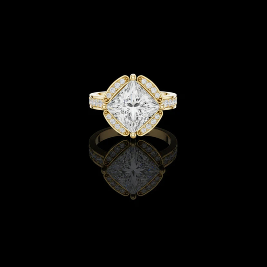 2.15 CT Glamorous Princess Cut Halo With Vintage Inspired Pave all Four Sides Lab Diamond in Gold