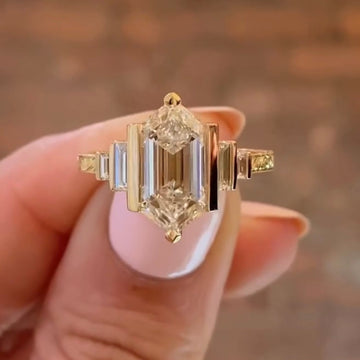 2.85 CT Geometric Antique Cut Moissanite Diamond Ring in Sleek Gold with Modern Angular Setting and Pave Accents