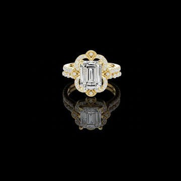 2.92 CT Vintage Inspired Emerald Cut Moissanite Diamond Ring with Scalloped Halo in Gold