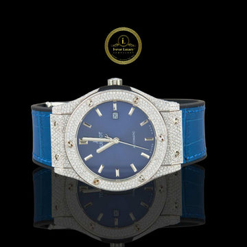 Blue Dial Diamond Dress Watch with Pave Bezel & Blue Leather Strap