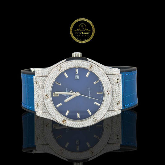 Blue Dial Diamond Dress Watch with Pave Bezel & Blue Leather Strap