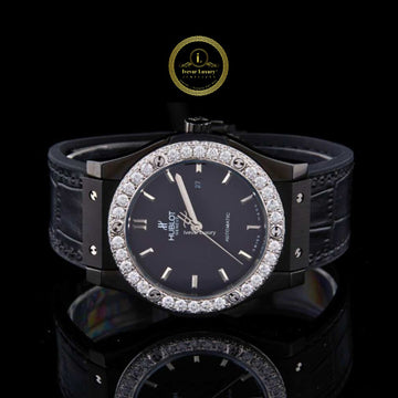 Round Cut Diamond Bezel Classic Fusion Style Watch with Black Leather Strap