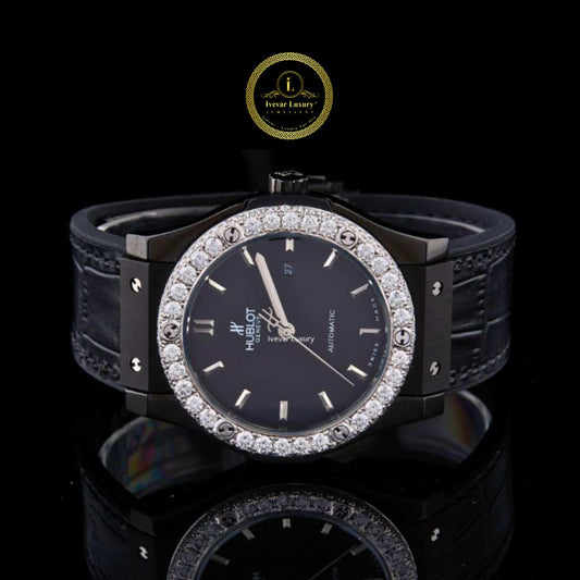 Round Cut Diamond Bezel Classic Fusion Style Watch with Black Leather Strap