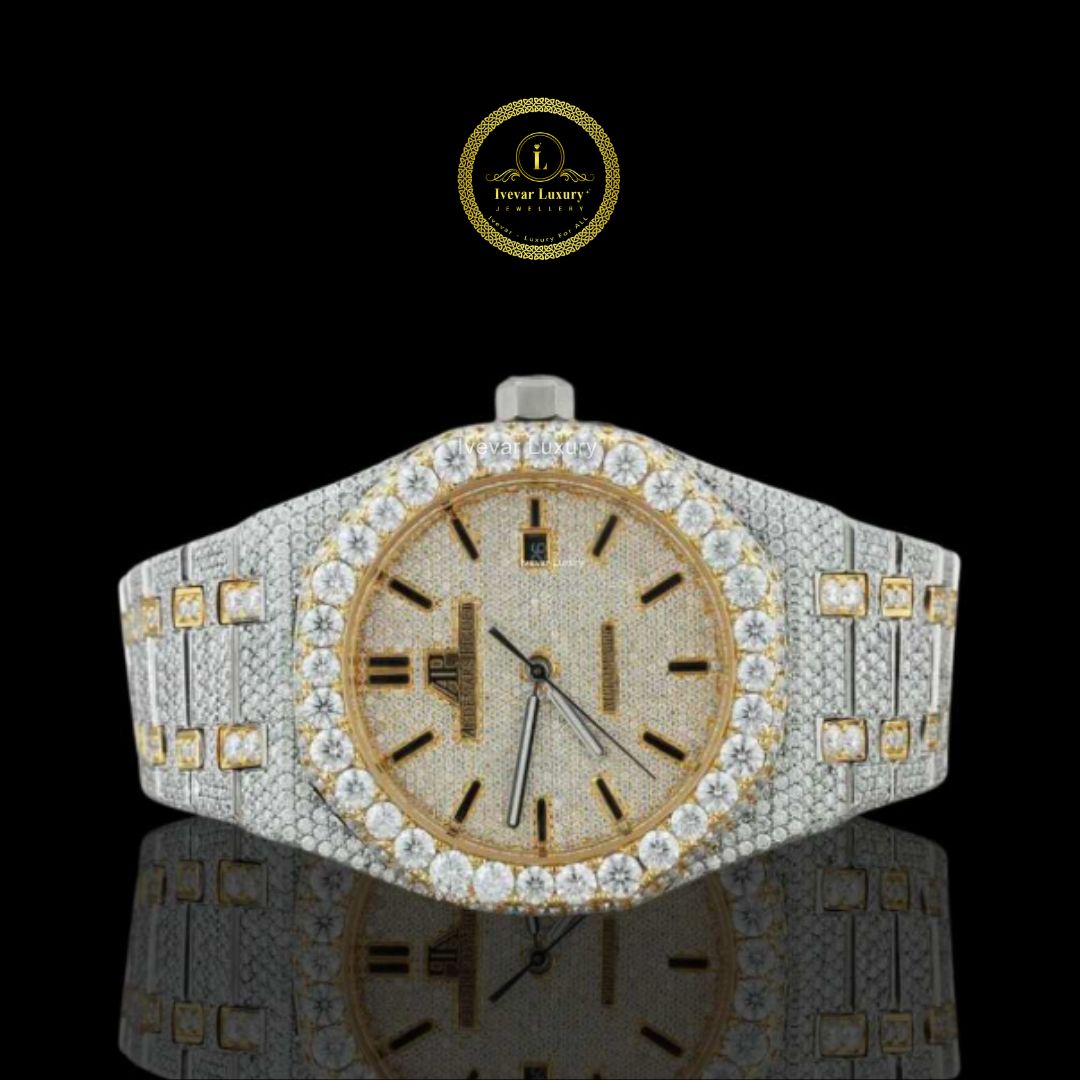 Full Iced Out Two-Tone Octagon Style Watch with Diamond Dial & Baton Markers