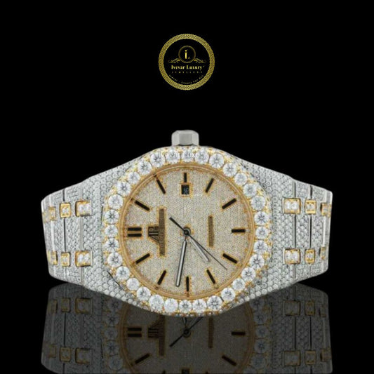 Full Iced Out Two-Tone Octagon Style Watch with Diamond Dial & Baton Markers