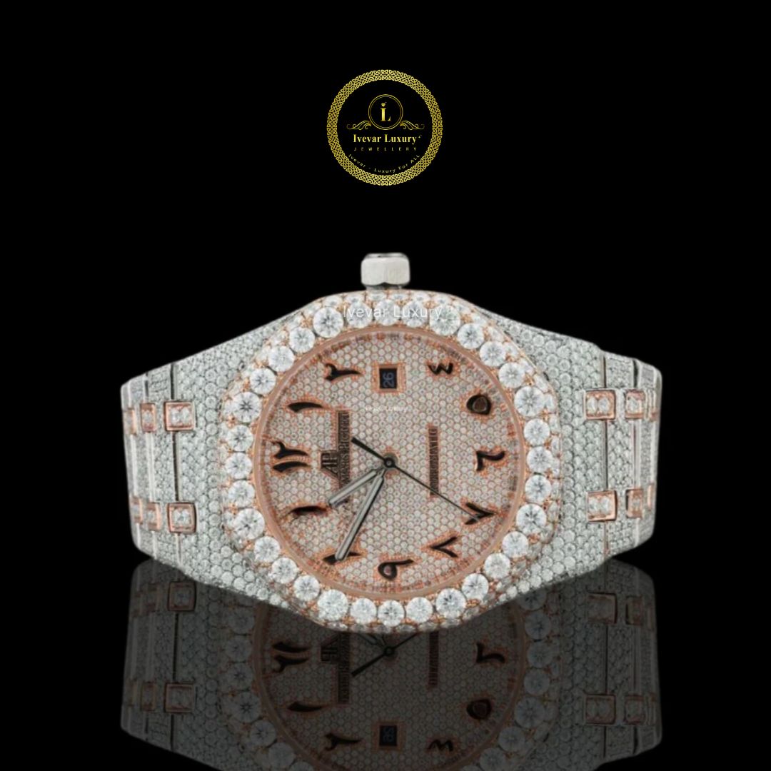 Full Iced Out Two-Tone Calendar Diamond Watch with Arabic Numeral Dial