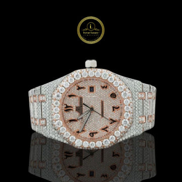 Full Iced Out Two-Tone Calendar Diamond Watch with Arabic Numeral Dial