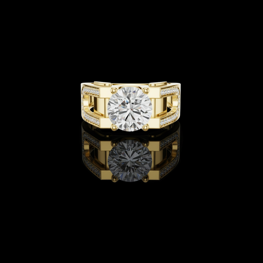 Round Cut Moissanite Diamond Men's Large Solitaire Gold Signet Ring
