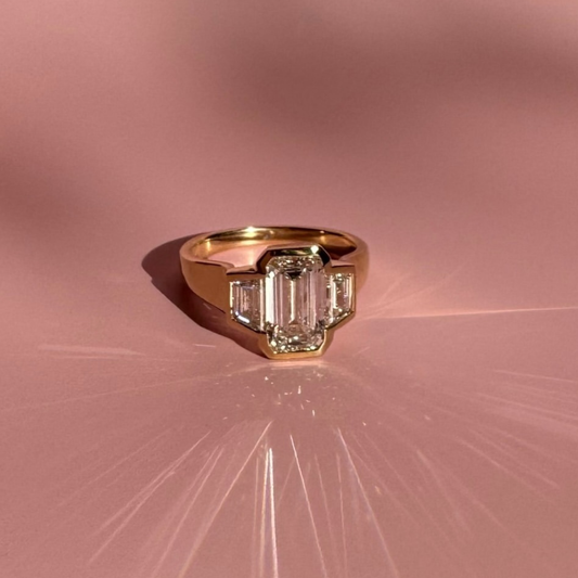 Emerald Cut Lab Grown Three Stone Ring With Wide Band