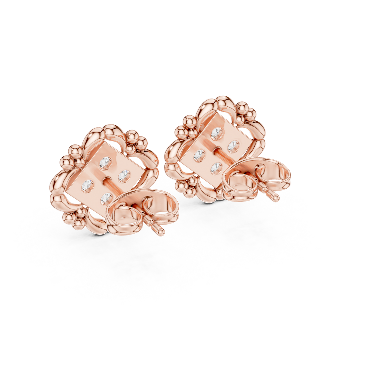 Sculpted Ornate Round Lab Diamond Stud Earrings with Floral Beaded Frame