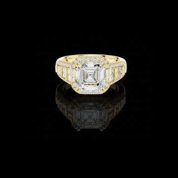 Asscher Cut Halo Moissanite Diamond Ring with Baguette Side Stones