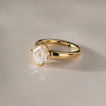 3.00 TCW Bespoke Asscher Cut Lab Solitaire Ring with Slim Rounded Gold Band and Elegant Four Prong Setting