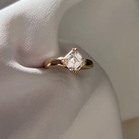 3.00 TCW Bespoke Asscher Cut Lab Solitaire Ring with Slim Rounded Gold Band and Elegant Four Prong Setting