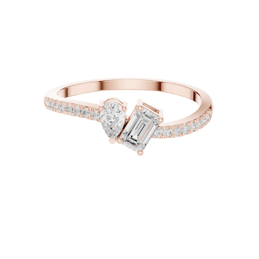 Pear and Emerald Cut Moissanite Diamond Toi et Moi Pave Engagement Ring