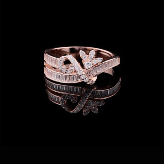 0.70 CT Exquisite Rose Gold Dual Band Ring Adorned with Sparkling Floral Lab Diamond Motifs and Baguette Detailing