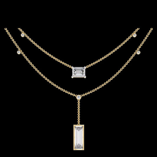 Layered Emerald Cut Moissanite Pendant Y Necklace