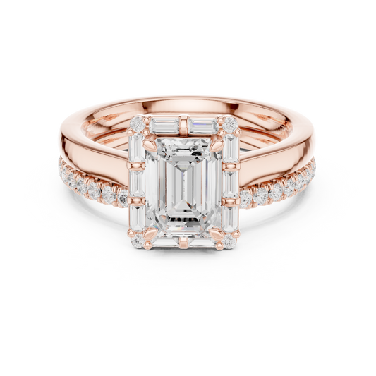 Emerald Cut Three Stone Moissanite Diamond with Baguette Cut Ring