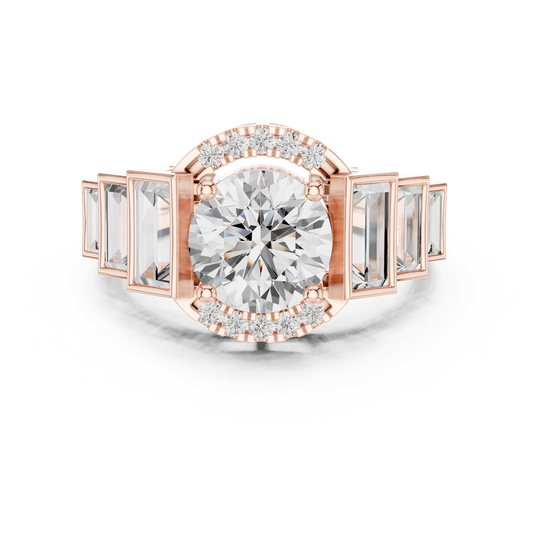 Round Halo Moissanite Diamond Ring with Tapered Baguette Side Stones