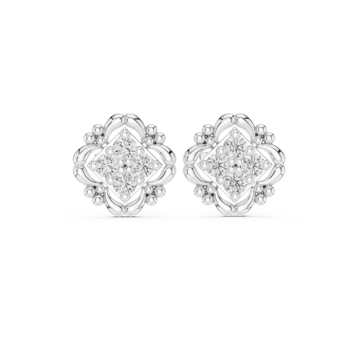 Sculpted Ornate Round Lab Diamond Stud Earrings with Floral Beaded Frame