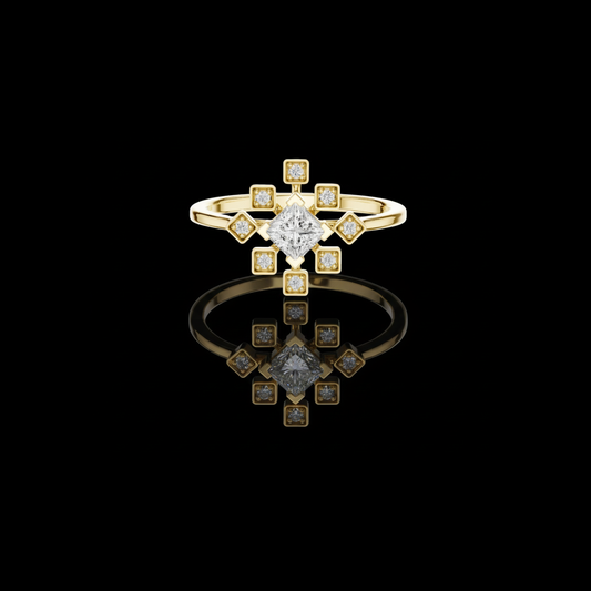 0.22 CT Unique Princess Cut Moissanite Diamond Starburst Ring with Bezel Set Accent Diamonds