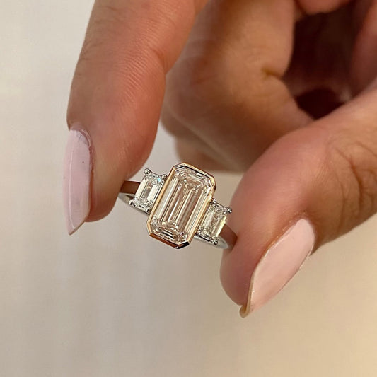 Emerald Cut Lab Grown Diamond Three Stone Engagement Ring