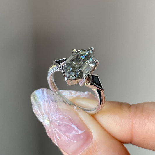 Antique Cut Geometric Ring With Lab Grown Kite Side Stones