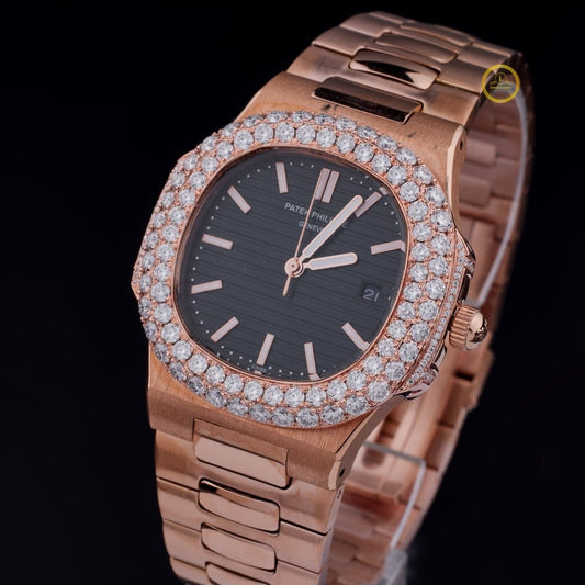 Round Cut Diamond Bezel Nautilus Style Watch with Integrated Link Band
