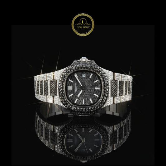 Elegant Black Dial Exquisite Black and White Diamond Iced Out Watch