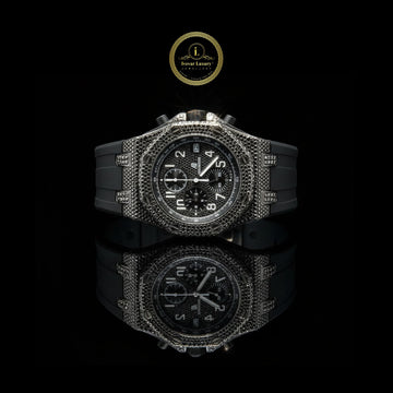 Black Iced Out Diamond Chronograph Watch with Black Rubber Strap