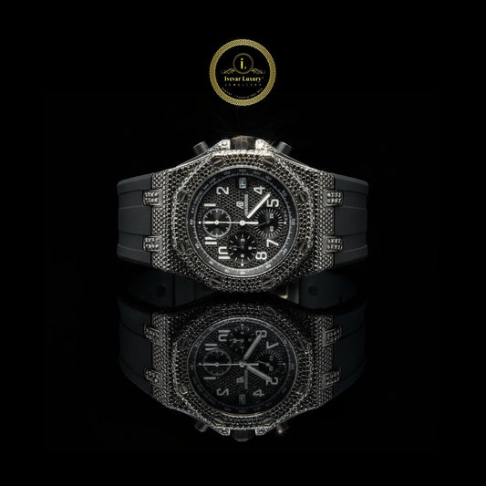 Black Iced Out Diamond Chronograph Watch with Black Rubber Strap