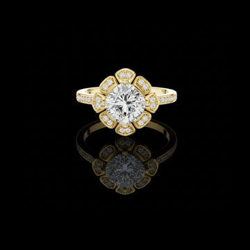 1.51 CT Floral Cushion Cut Lab Diamond Ring in Gold with Petal Style Halo and Pave Band
