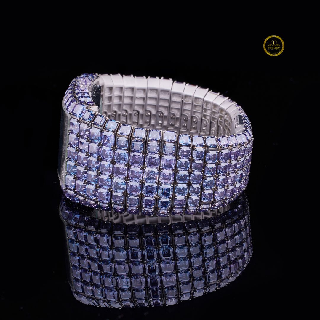 Full Iced Asscher and Baguette Cut Blue Diamond Watch in White Gold – Where Innovation Meets Luxury - View 3