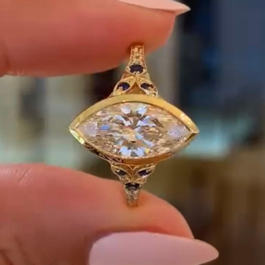 3.00 CT Elegant Moissanite Marquise Cut Diamond Ring with Sapphire Accents Vintage Inspired Luxury