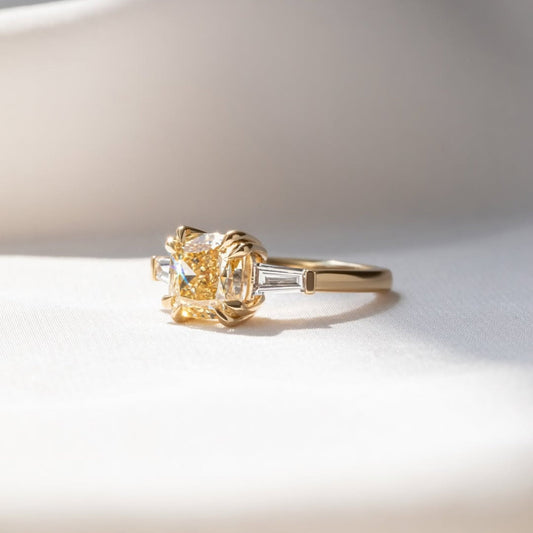 Fancy Yellow Cushion Lab Grown Diamond With Side Baguette Diamond Ring