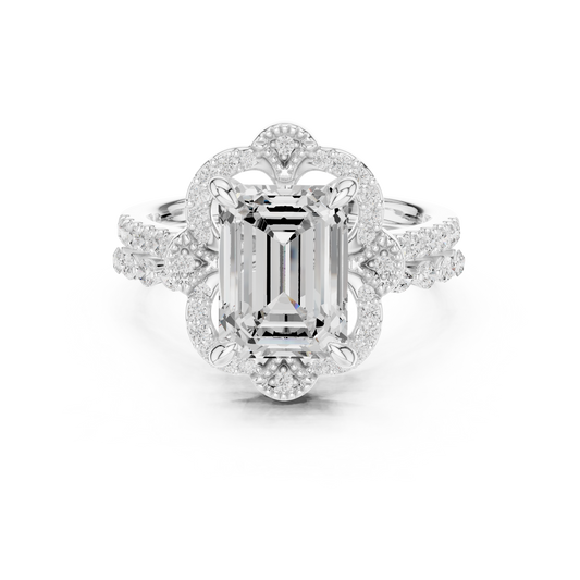 Vintage Inspired Emerald Cut Lab Diamond Ring Scalloped Halo
