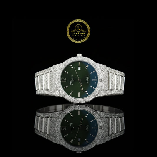 Green Sunburst Dial Diamond Bezel Watch with Pave Bracelet White Gold Finish