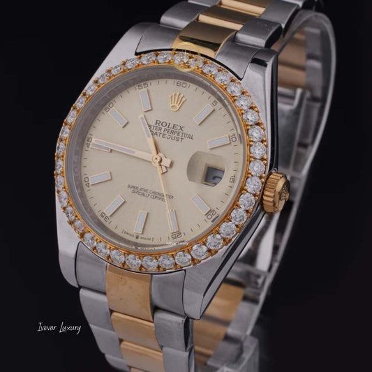 Round Cut Diamond Bezel Two-Tone Datejust Style Watch with Oyster Band